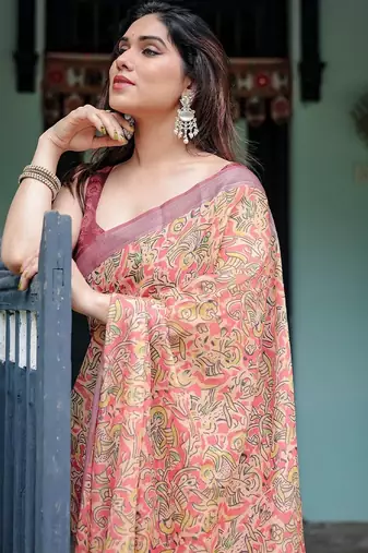 Yellow floral printed  linen saree
