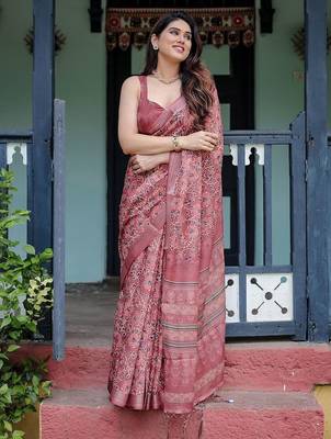 Maroon ethnic motifs  linen saree 1