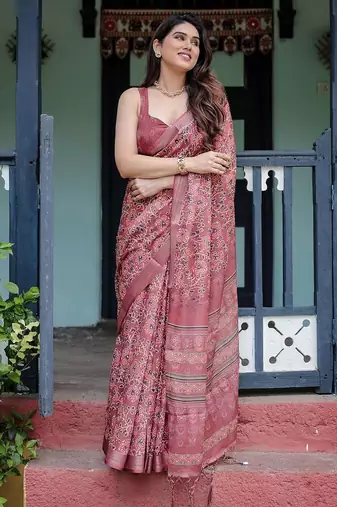 Maroon ethnic motifs  linen saree