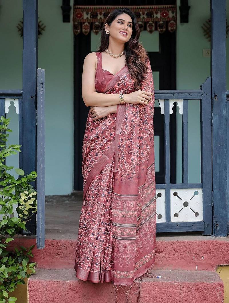Maroon ethnic motifs  linen saree