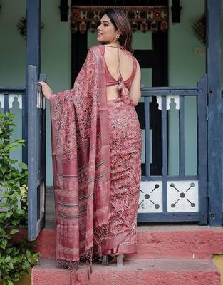 Maroon ethnic motifs  linen saree 2