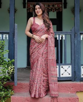 Maroon ethnic motifs  linen saree 3