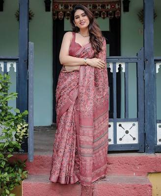 Maroon ethnic motifs  linen saree 4