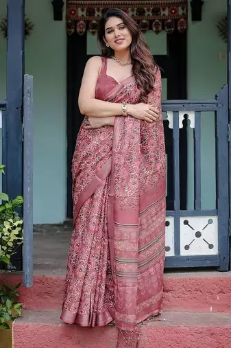 Maroon ethnic motifs  linen saree