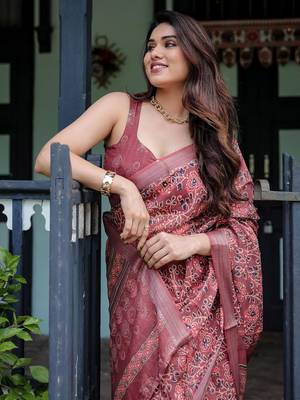 Maroon ethnic motifs  linen saree 5