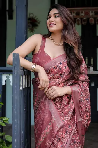 Maroon ethnic motifs  linen saree