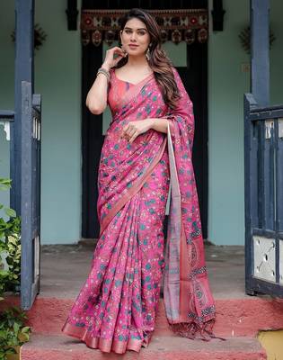 Pink women ethnic motifs printed  linen saree 1