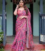 Pink women ethnic motifs printed  linen saree