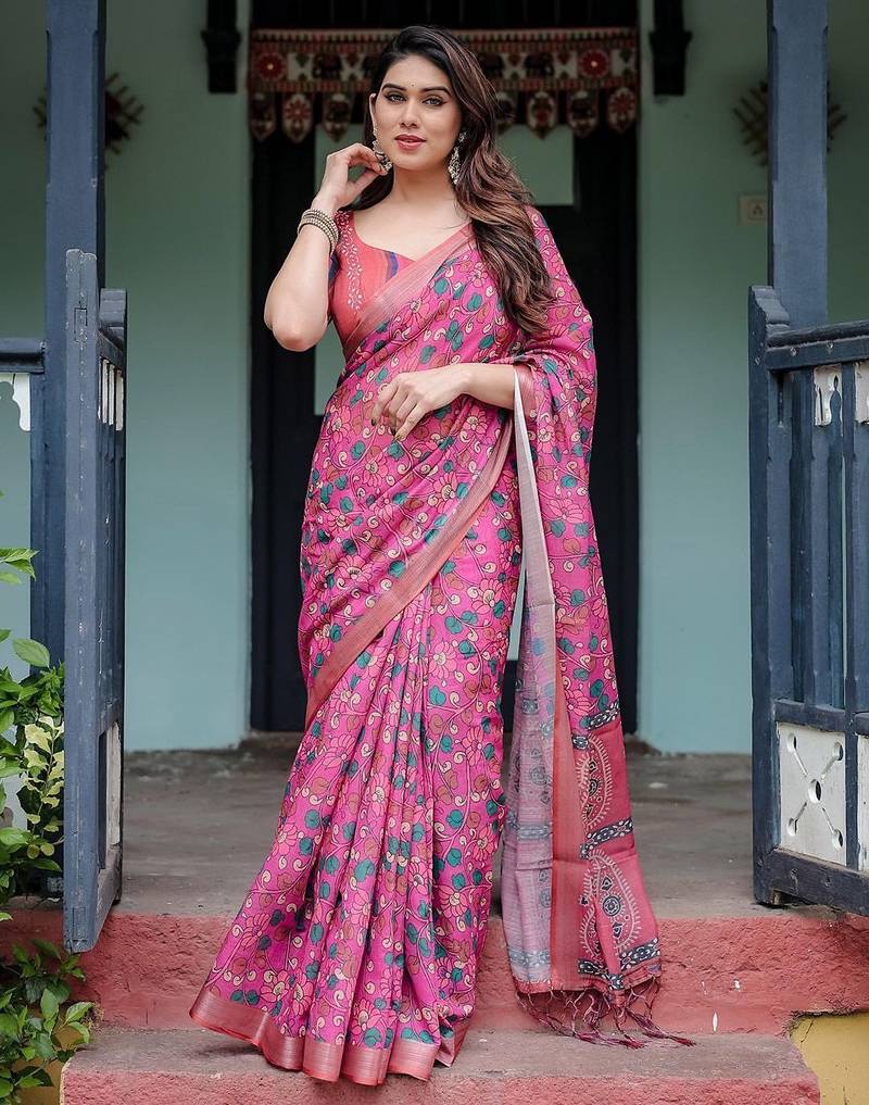Pink women ethnic motifs printed  linen saree