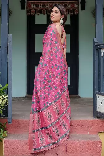 Pink women ethnic motifs printed  linen saree