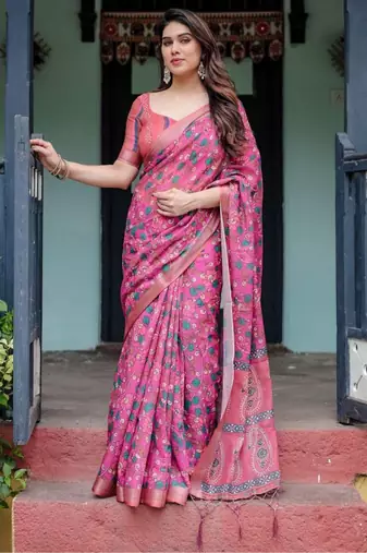Pink women ethnic motifs printed  linen saree