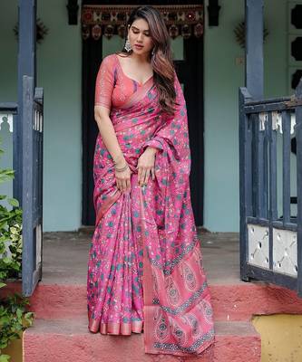Pink women ethnic motifs printed  linen saree 4