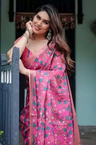 Pink women ethnic motifs printed  linen saree
