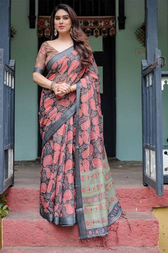 Blue ethnic motifs  linen saree