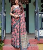 Blue ethnic motifs  linen saree