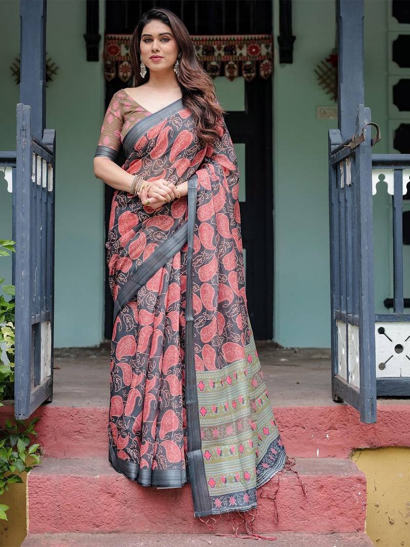 Blue ethnic motifs  linen saree