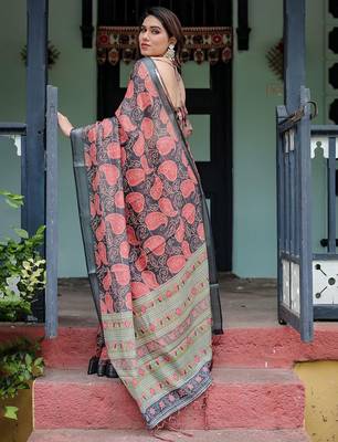 Blue ethnic motifs  linen saree 2