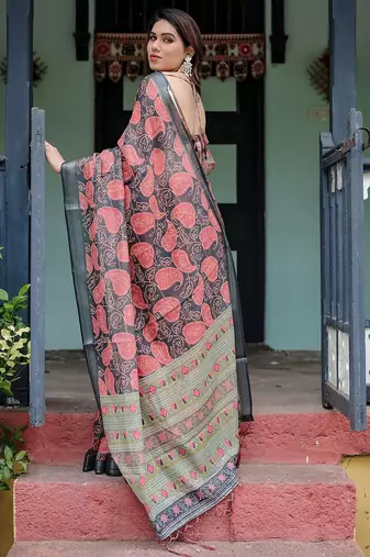 Blue ethnic motifs  linen saree