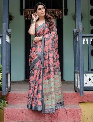 Blue ethnic motifs  linen saree 3