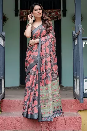 Blue ethnic motifs  linen saree