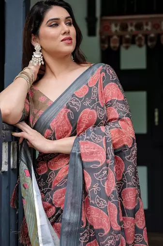 Blue ethnic motifs  linen saree