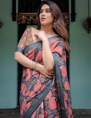 Blue ethnic motifs  linen saree 5