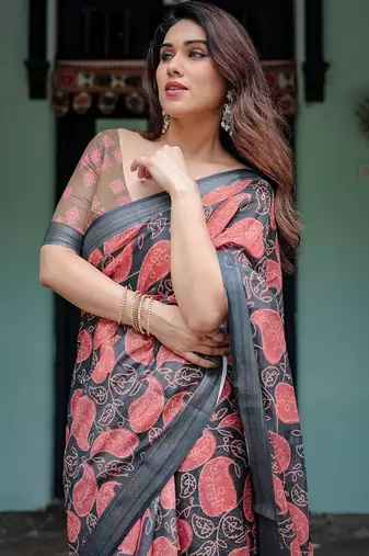 Blue ethnic motifs  linen saree