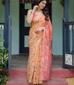 Orange ethnic motifs zari  linen saree