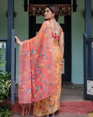 Orange ethnic motifs zari  linen saree 2