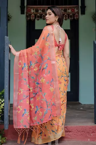 Orange ethnic motifs zari  linen saree
