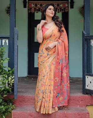 Orange ethnic motifs zari  linen saree 4