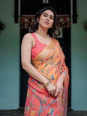 Orange ethnic motifs zari  linen saree 5