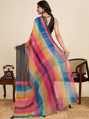 Black striped  linen saree with blouse 4