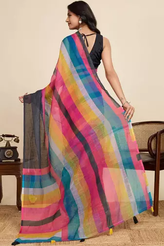 Black striped  linen saree with blouse