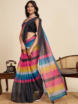 Black striped  linen saree with blouse 5