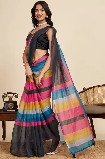 Black striped  linen saree with blouse