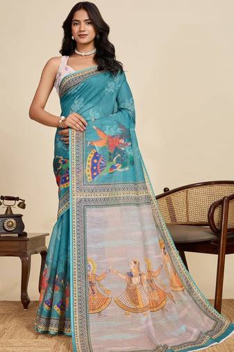 Teal kalamkari printed zari  linen saree with unstiched blouse piece