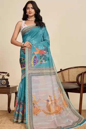 Teal kalamkari printed zari  linen saree with unstiched blouse piece