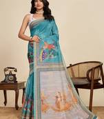 Teal kalamkari printed zari  linen saree with unstiched blouse piece