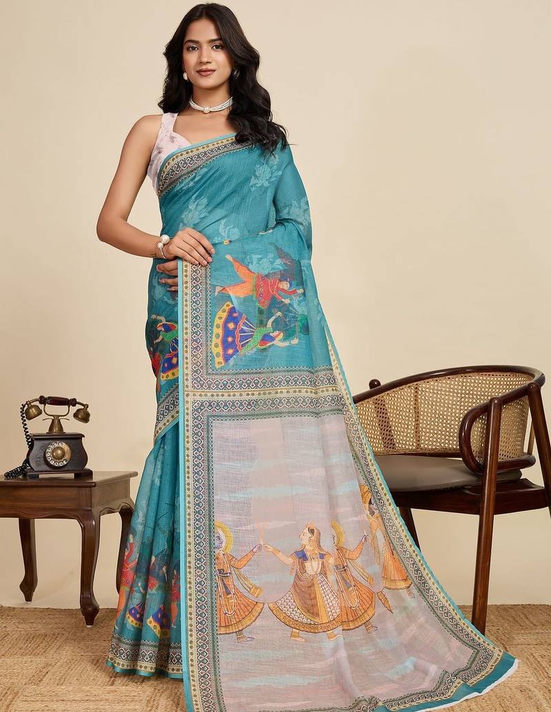 Teal kalamkari printed zari  linen saree with unstiched blouse piece