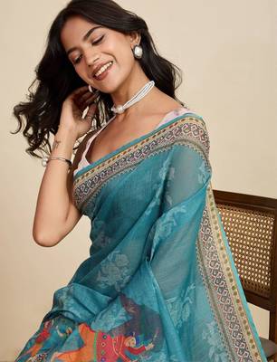 Teal kalamkari printed zari  linen saree with unstiched blouse piece 2