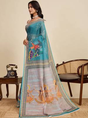 Teal kalamkari printed zari  linen saree with unstiched blouse piece 3