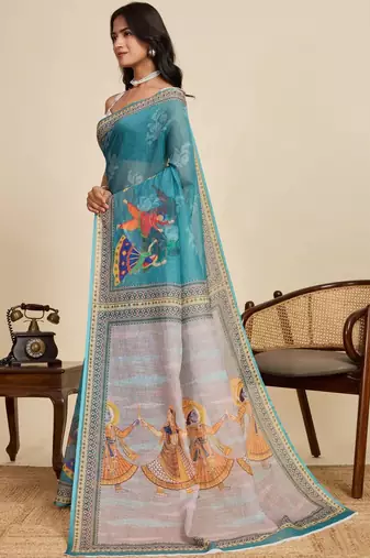 Teal kalamkari printed zari  linen saree with unstiched blouse piece