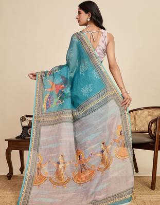 Teal kalamkari printed zari  linen saree with unstiched blouse piece 4