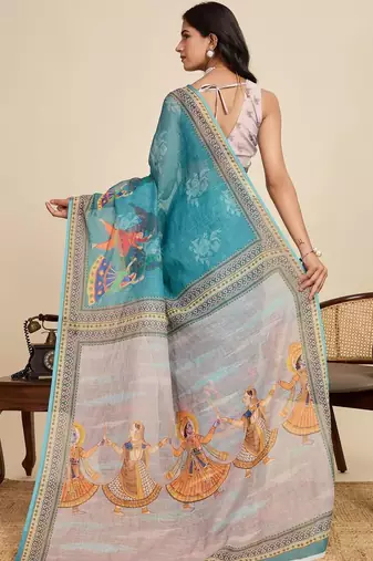 Teal kalamkari printed zari  linen saree with unstiched blouse piece