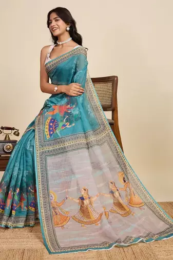 Teal kalamkari printed zari  linen saree with unstiched blouse piece