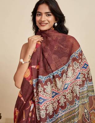 Brown kalamkari printed zari  linen designer saree with blouse 1