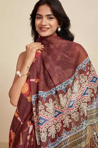 Brown kalamkari printed zari  linen designer saree with blouse