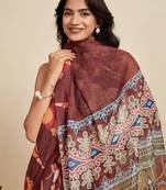 Brown kalamkari printed zari  linen designer saree with blouse