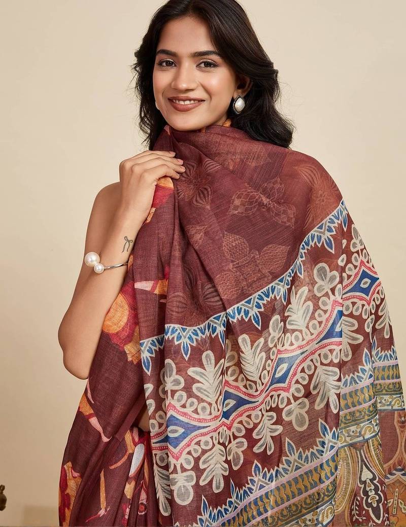 Brown kalamkari printed zari  linen designer saree with blouse